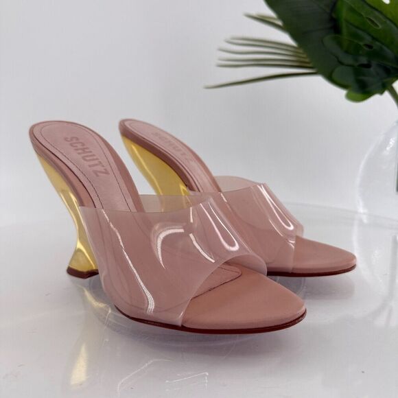 Schutz Womens Size 5.5 Aprill Vynil Slip On Open Toe Wedge Sandals Pink Gold - Picture 2 of 12